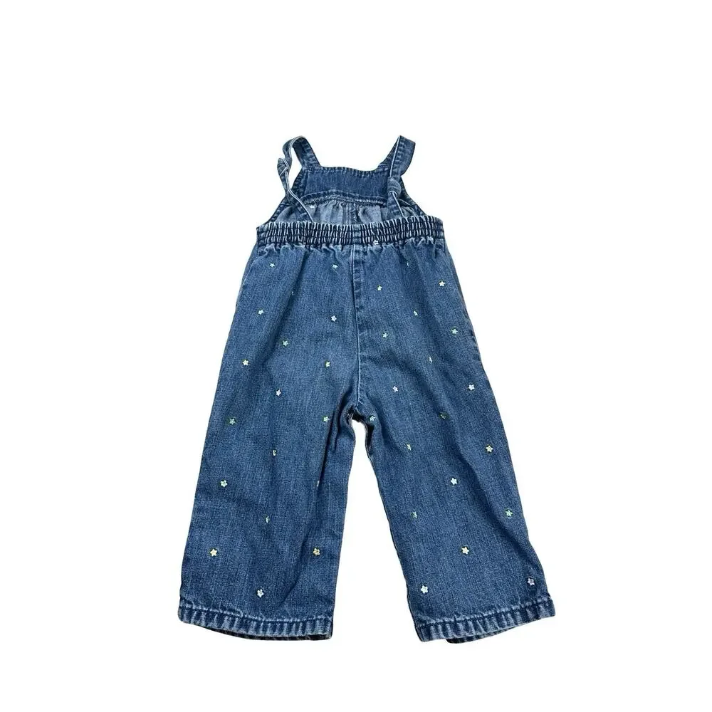 Vintage 2002 Gymboree Baby Denim Overalls Floral Embroidered Snap Romper 12-18M
